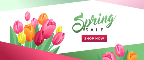 Spring sale banner. Bouquet of red, pink and yellow tulips on a white background. An advertising, selling concept. Promotion offer poster with flowers.