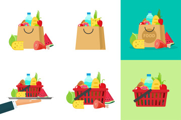 Food grocery paper bag pack icon vector and supermarket basket with fresh healthy meal and nutrition products isolated flat cartoon as delivery shop service, waiter hand serve with catering plate