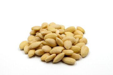 Peeled almond kernel isolated on white background. Snack fresh nuts. close up