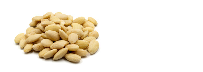 Peeled almond kernel isolated on white background. Snack fresh nuts. Empty space for text. Copy space