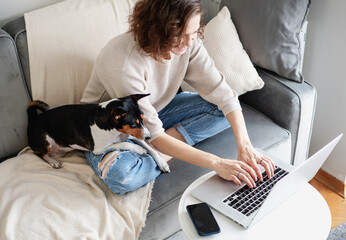 Pretty curly happy young woman sitting at home on sofa front of laptop with her pet dog working learning online