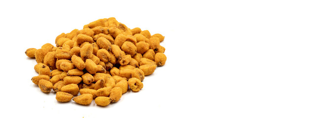 Snack toasted salted corn isolated on white background. Snack fresh nuts. Empty space for text. Copy space