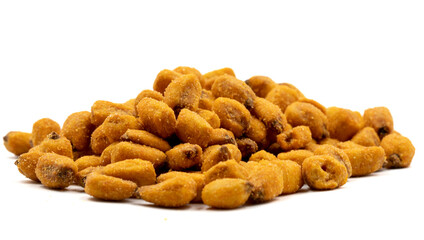 Snack toasted salted corn isolated on white background. Snack fresh nuts. close up