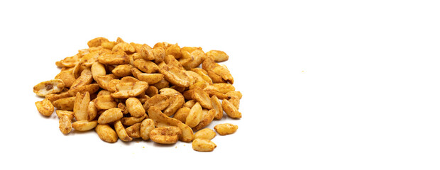 Salted roasted peanuts isolated on white background. Snack fresh nuts. close-up nuts. Empty space for text. Copy space