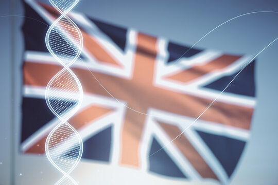 DNA hologram on British flag and sunset sky background, science and biology concept. Multiexposure
