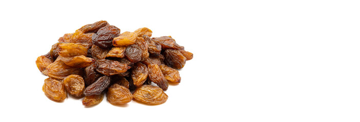 Dried raisins isolated on a white background. Snack fresh nuts. close-up nuts. Empty space for text. Copy space