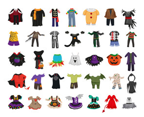 Collection of children's Halloween costumes. Popular characters' clothing.