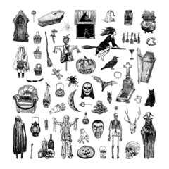 Collection of monochrome illustrations of halloween in sketch style. Hand drawings in art ink style. Black and white graphics.