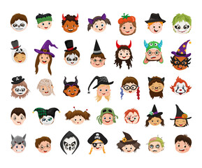 Fototapeta premium Collection of kids avatars in Halloween costumes. Portraits with hats and masks.