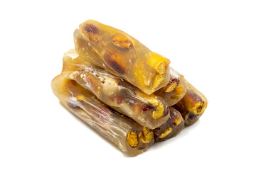 Pistachio Turkish Delight isolated on a white background. Delight for snack. Close-up. local name antep sucuk