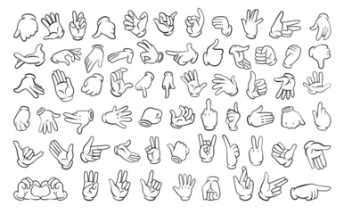Set of different gestures of hands in gloves in a linear style.