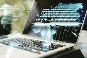Abstract creative digital world map on modern computer background, globalization concept. Multiexposure