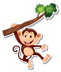 Monkey hanging on tree branch cartoon character sticker