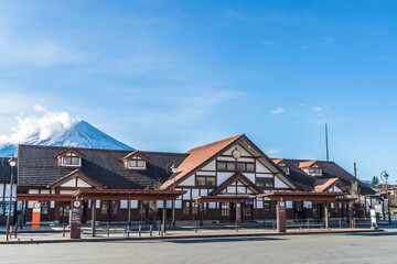 山梨県・河口湖駅の駅舎と富士山【Mt. Fuji and Kawaguchiko Station in Yamanashi Prefecture, Japan】