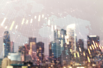 Double exposure of abstract creative financial chart hologram and world map on blurry cityscape background, research and strategy concept