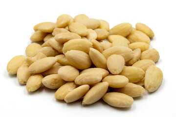 Peeled almond kernel isolated on white background. Snack fresh nuts. close up