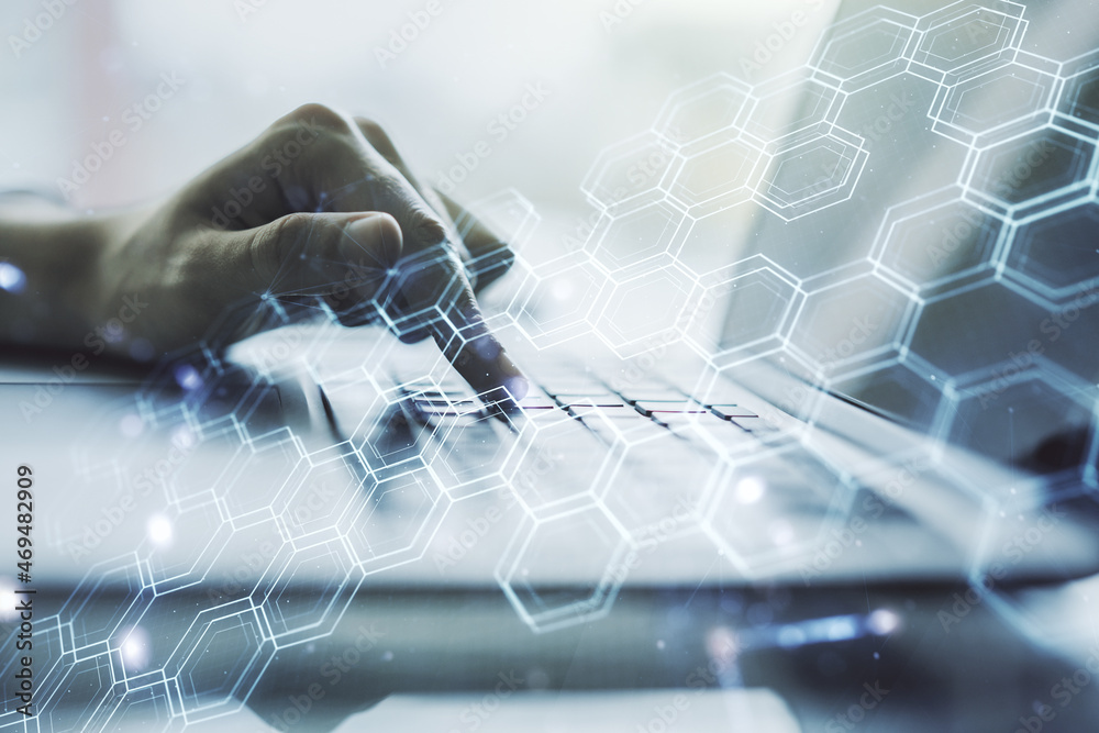 Poster creative concept of wireless technology with hexagon hologram and hands typing on laptop on backgrou