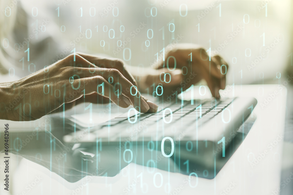 Poster creative abstract binary code hologram and hands typing on computer keyboard on background, ai and m