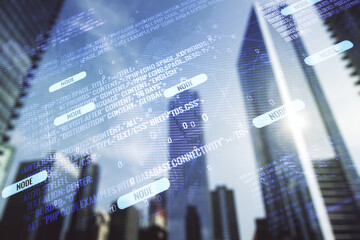 Multi exposure of abstract graphic coding sketch and world map on modern architecture background, big data and networking concept