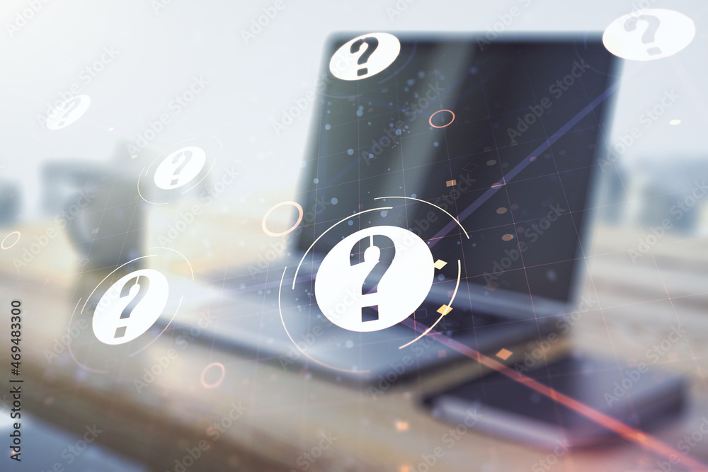 Aufkleber Creative concept of question mark illustration and modern desktop with computer on background. FAQ and search concept. Multiexposure