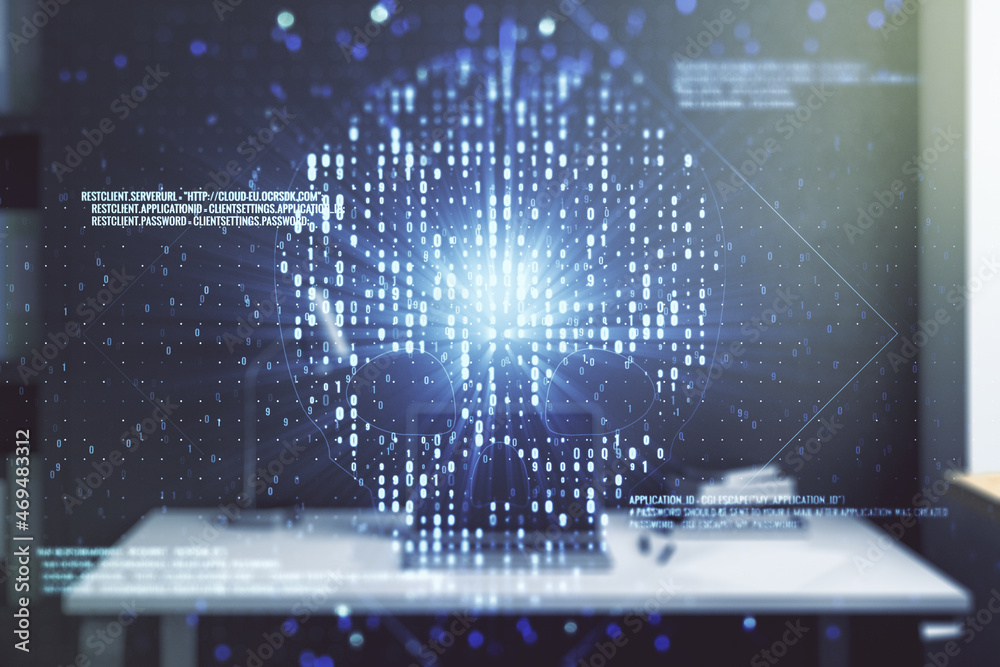 Poster creative code skull sketch and modern desk with computer on background, theft of personal data and m