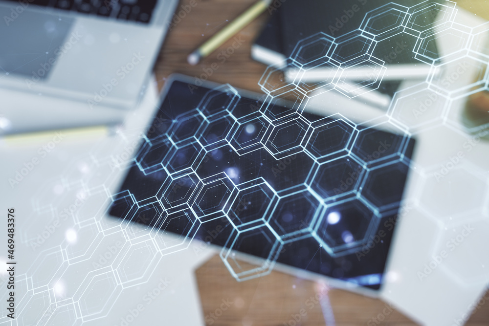 Aufkleber creative abstract wireless technology hologram with hexagon and modern digital tablet on desktop on 