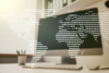 Multi exposure of abstract graphic world map and modern desk with computer on background, connection and communication concept