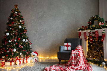 Christmas tree with gifts lights garlands new year decor
