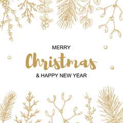 Merry Christmas and happy New Year greeting card with floral elements. Hand drawn vector illustration
