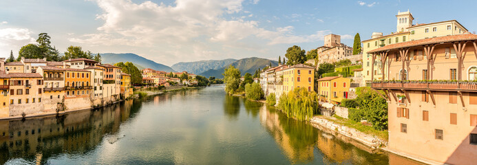 Panoramic view from the Vecchio bridge at Brenta river in Bassano del Grappa, Italy