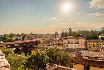 Evening view at the Vecchio bridge over Brenta river in Bassano del Grappa, Italy