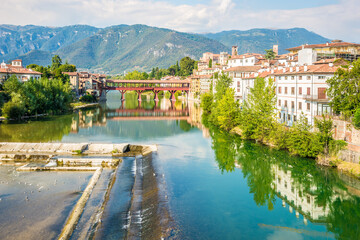 Fototapeta premium View at the Brenta river with Vecchio bridge in Bassano del Grappa - Italy