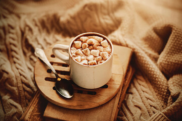 On a stack of old books is a white cup of hot cocoa with delicate marshmallows and cinnamon, illuminated by light. Warm cozy home still life in the cold season. Hygge.