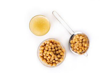 Chickpea water aquafaba isolated on white background. Chickpea water is a substitute for eggs in pastries	
