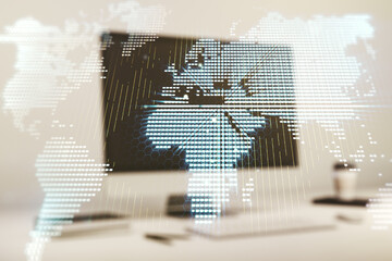 Multi exposure of abstract creative digital world map on modern laptop background, tourism and traveling concept concept