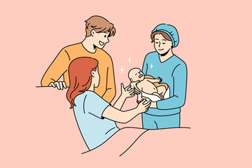 Giving birth and parenthood concept. Young happy mother lying in bed taking her newborn baby from nurse with smiling father standing nearby vector illustration 