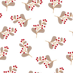 Seamless pattern of plants in boho or scandinavian style. Christmas items with winter elements and holiday wishes. Winter vector illustration on white background.