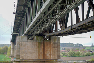 Steel construction of a cable car with riveted steel girders, steel cable and gondola