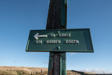 Footpath sign to Edale via Barber Booth village, Peak District National Park.
