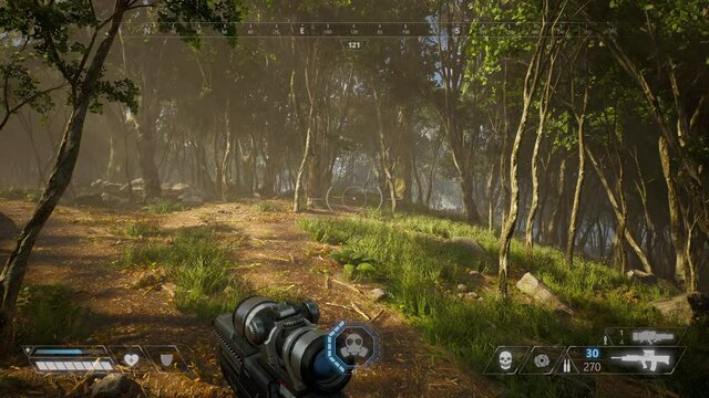 4K Fake forest shooter. 3D forest shooter with hud
