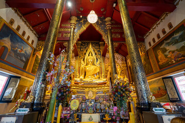 Phitsanulok, THAILAND - November 12, 2021: Somdet Nang Phaya Ruean Kaew is the name of the Buddha Statue in a chapel of Nang Phaya Temple, Phitsanulok province.