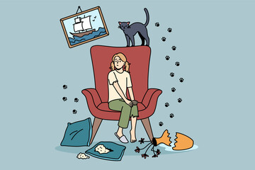 Mess and disorder from cat concept. Young frustrated girl sitting on armchair looking at broken vase and prints on wall from her cat vector illustration 