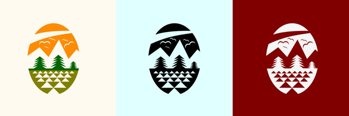 Summit Mountain And Camp Logo. a logo that has the theme of adventure at the top of the mountain. Featuring mountains, pine trees, and camp, as well as jet tracks in the clouds.