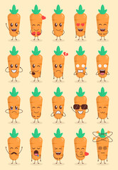 Colorful Cute Carrot Cartoon Set with Various Expression