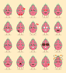 Colorful Cute Dragon Fruit Cartoon Set with Various Expression
