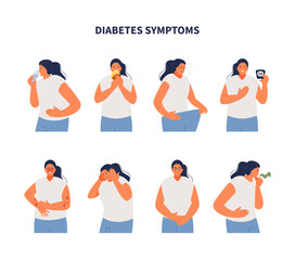Obraz premium Sick girl suffering from diabetes symptoms. Vector illustration