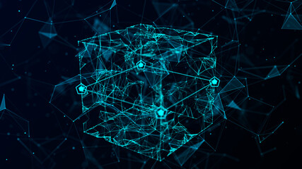 Technology blockchain concept. Visualization of the dynamic flow of the cryptocurrency industry. Big data flow connections. Network connection structure. 3D Rendering.