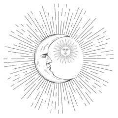 Boho crescent moon with sun, tattoo design © natova