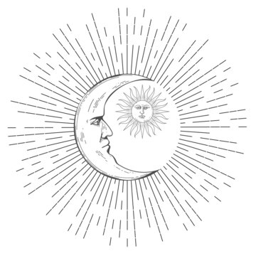 Boho crescent moon with sun, tattoo design