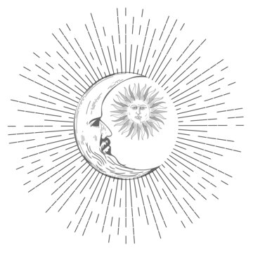 Boho crescent moon, sun tattoo design hand drawn